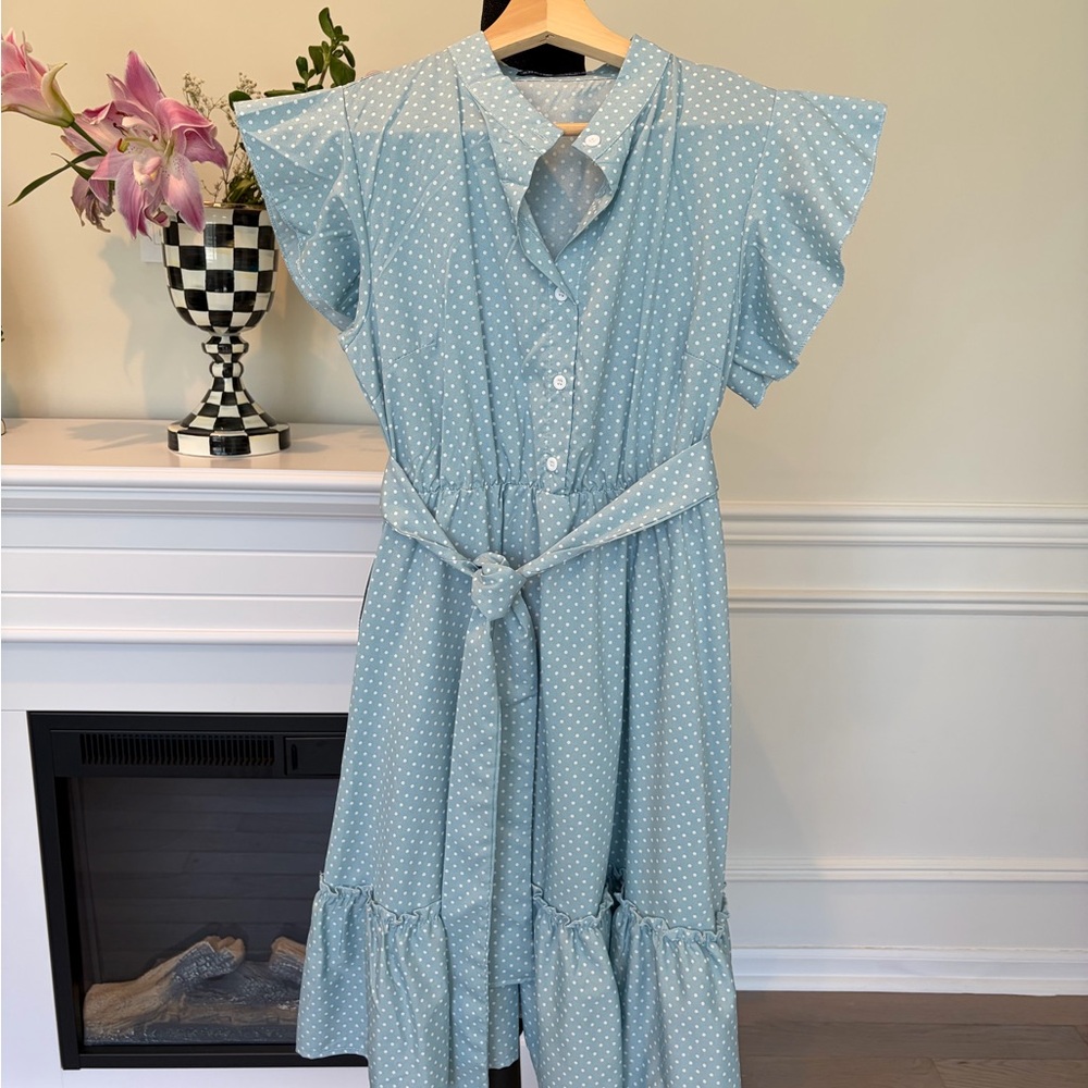SHEIN Light Blue Polka Dot Tiered Midi Dress with Belt